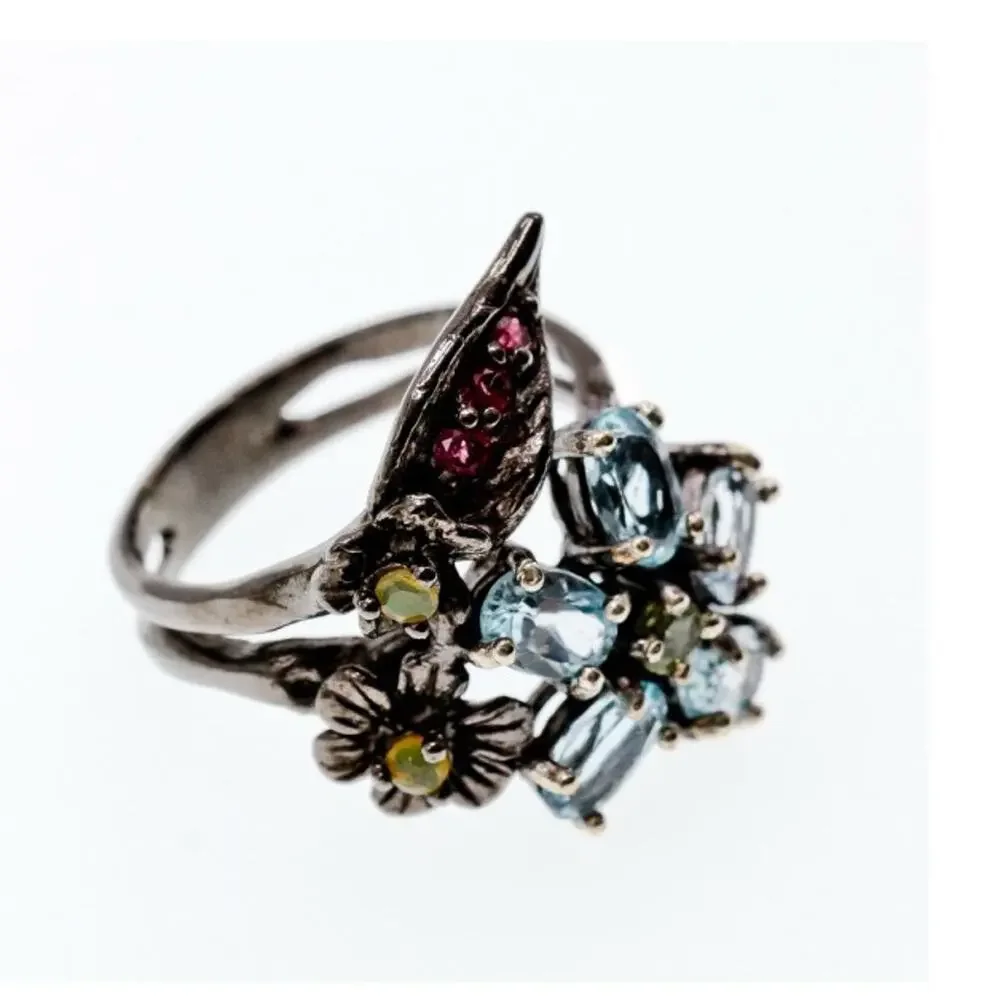 925 Blackened Silver Topaz, Garnet, Peridot & Opal Ring Size 8